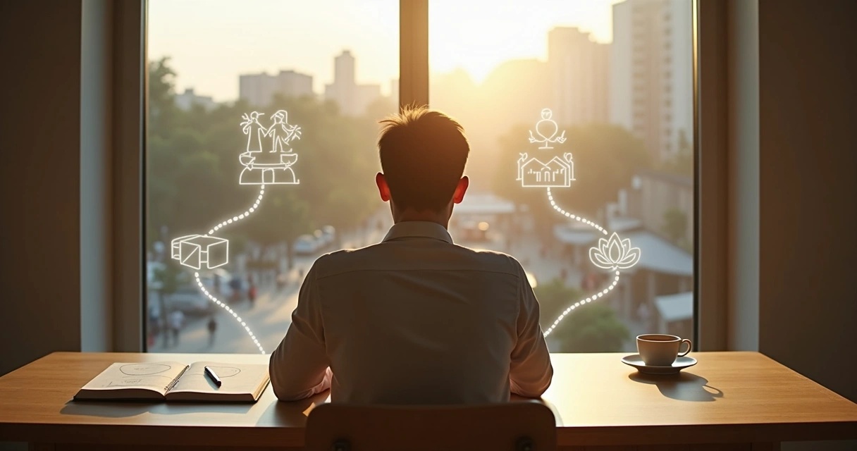 Pessoa refletindo diante de várias escolhas no cotidiano com ícones de trabalho, família e propósito 
