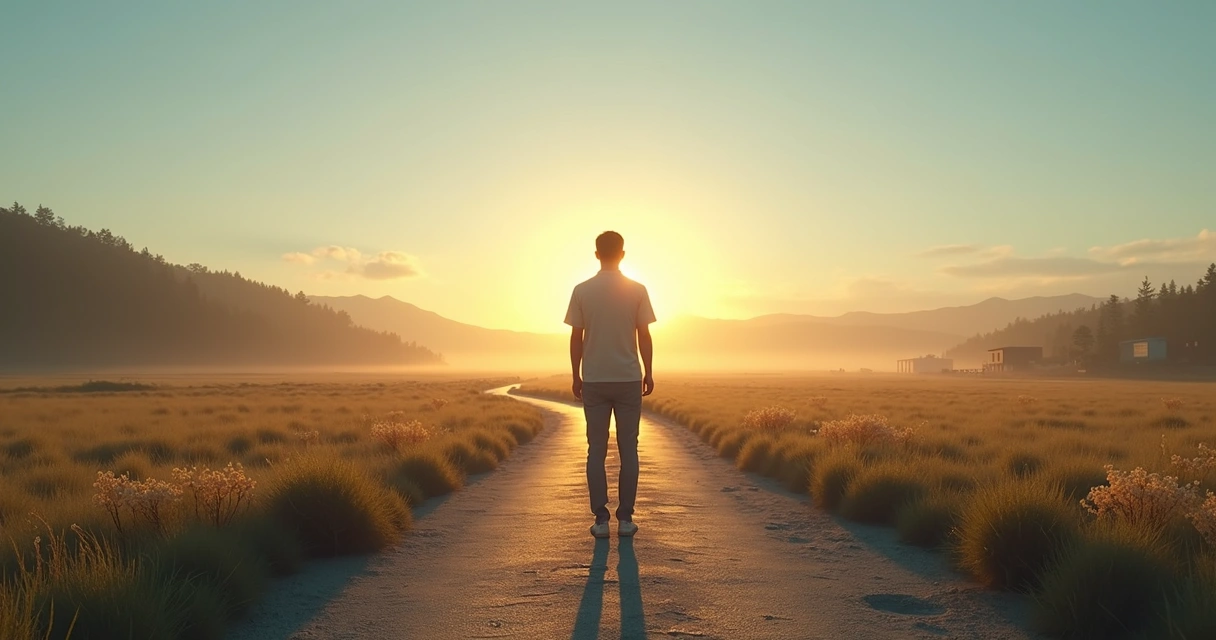 Pessoa em encruzilhada fazendo escolha consciente em paisagem serena 