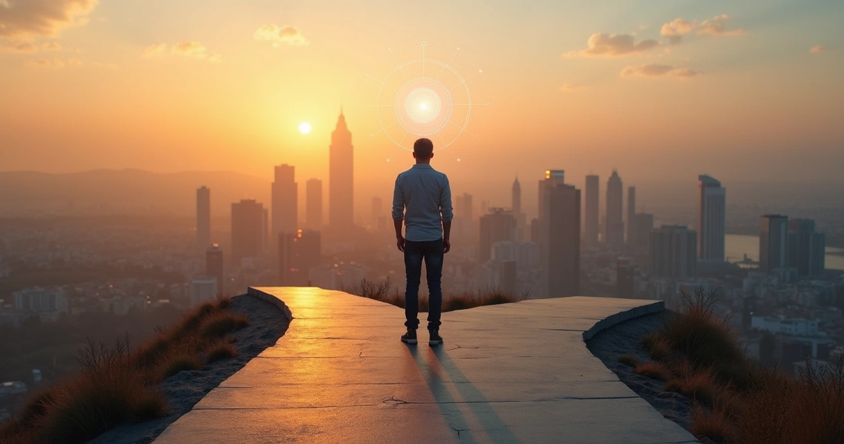 Pessoa em encruzilhada urbana refletindo sobre decisão difícil ao pôr do sol 