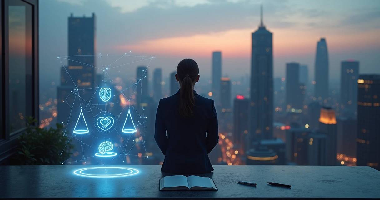 Pessoa analisando decisões éticas diante de cidade tecnológica futurista 