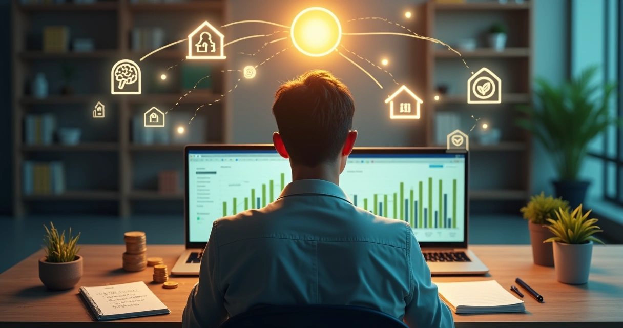 Pessoa analisando finanças com símbolos de mente, coração e gráficos ao fundo 