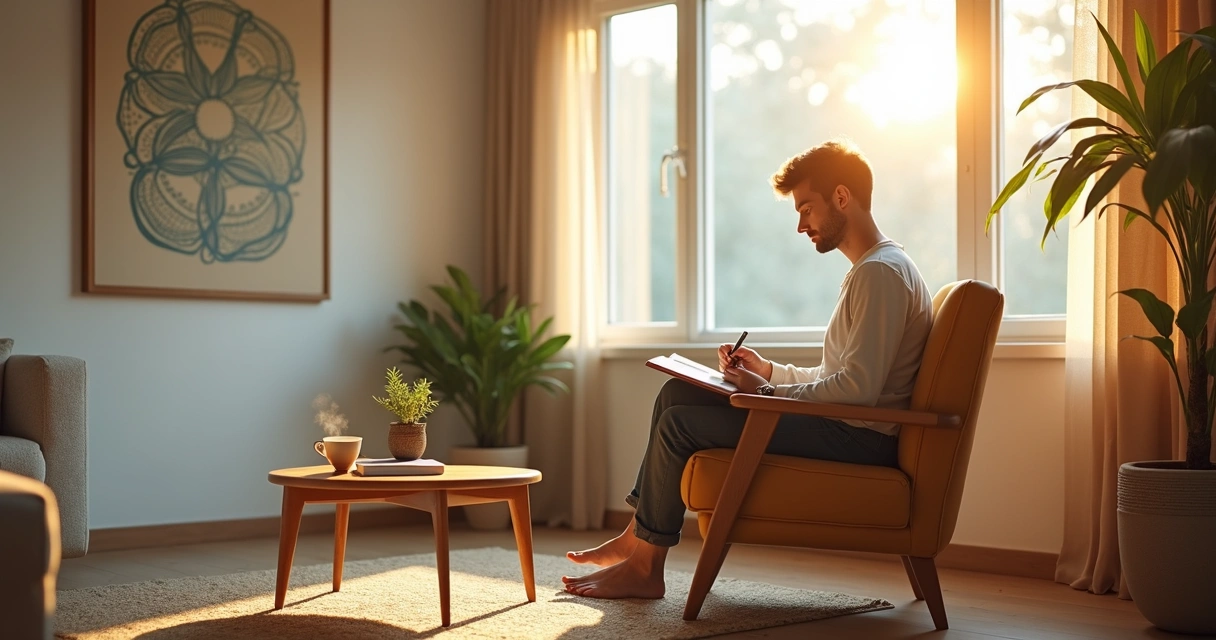 Pessoa refletindo em casa com caderno de anotações e luz suave ao amanhecer 