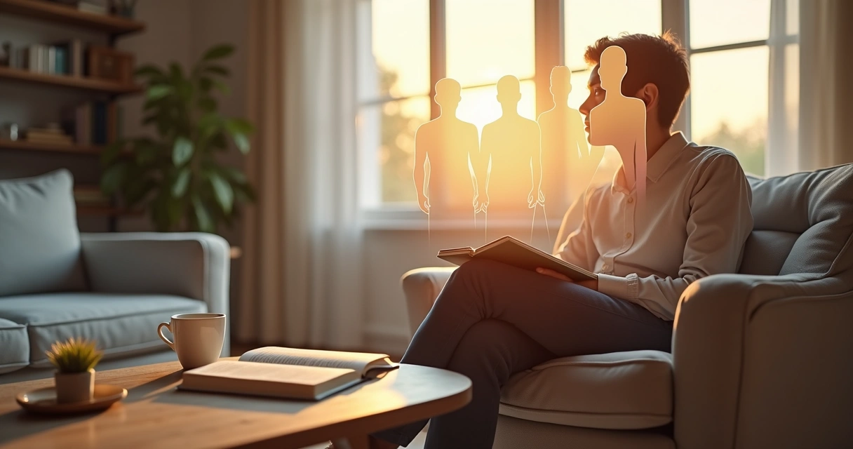Pessoa refletindo em sala de estar com três camadas de silhuetas sobrepostas representando consciência, emoção e ação 
