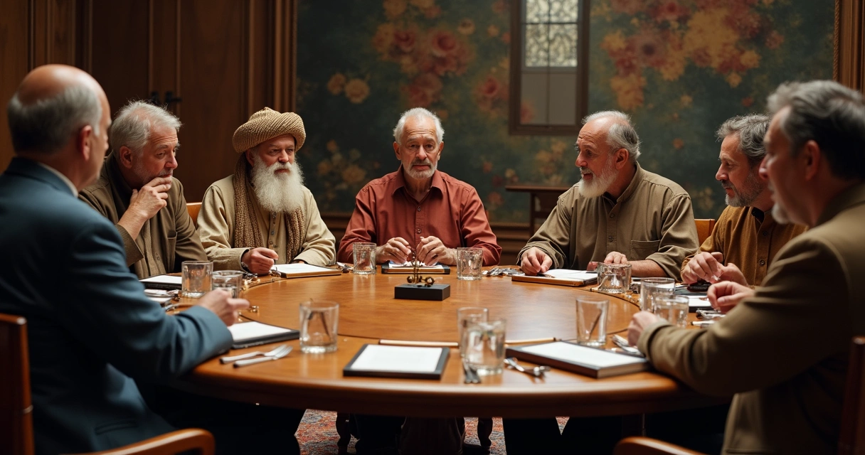 Mesa redonda com representantes de diversas culturas debatendo integrados por símbolos filosóficos socioculturais 