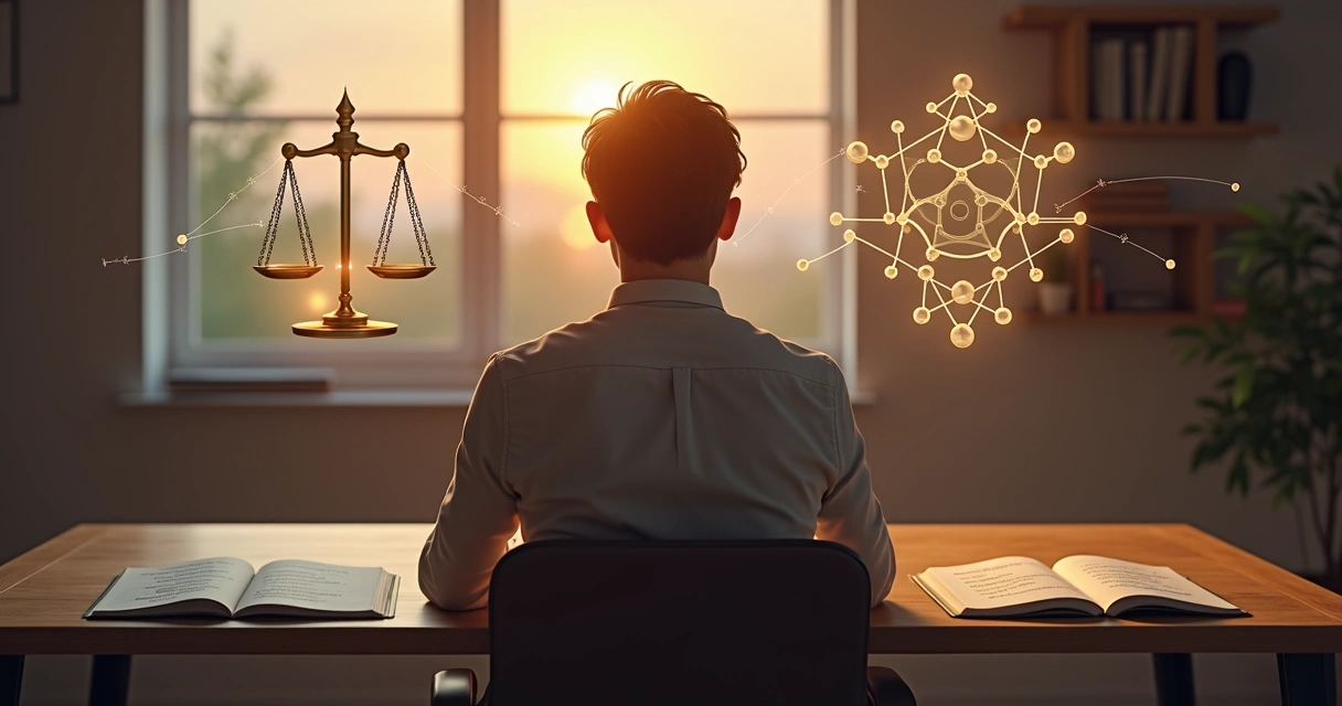 Pessoa em mesa avaliando dilema ético com símbolos de balança e sistemas interligados 