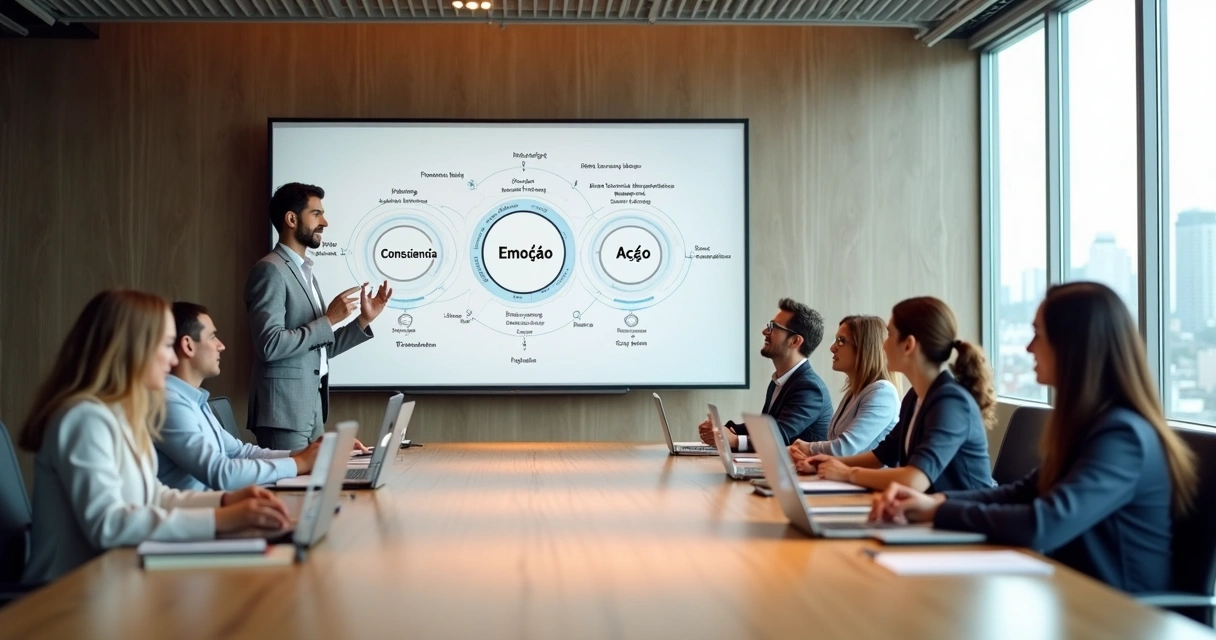 Líder apresentando projeto com integração entre mente emoção e ação em quadro visual 