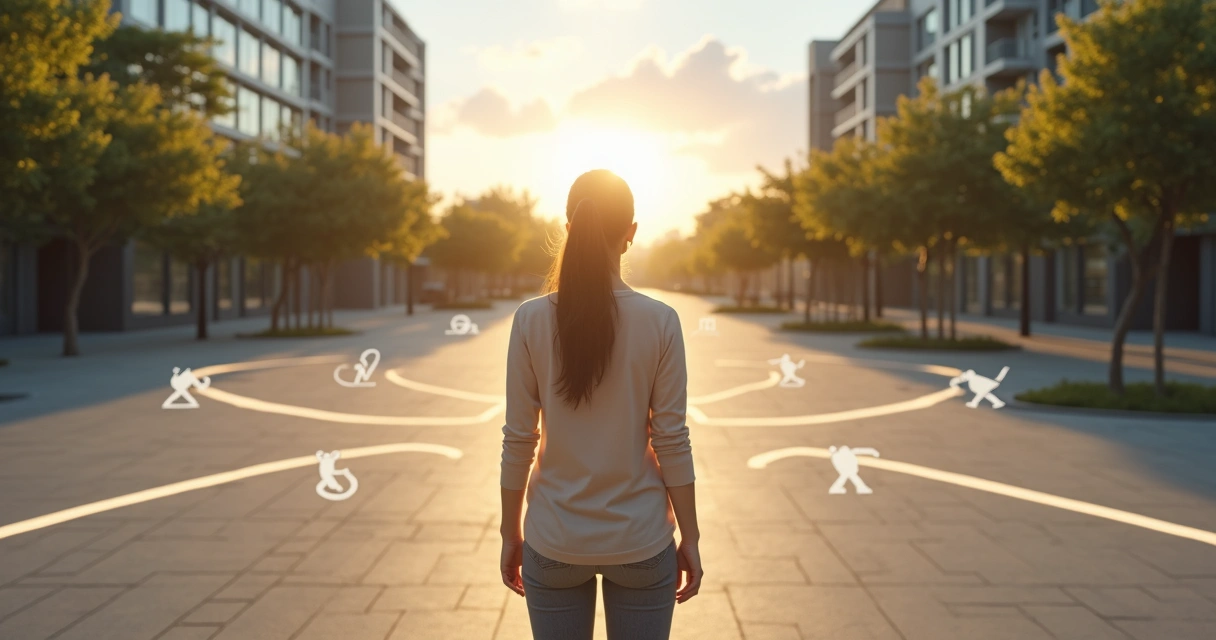 Pessoa em encruzilhada urbana refletindo sobre escolhas conscientes 