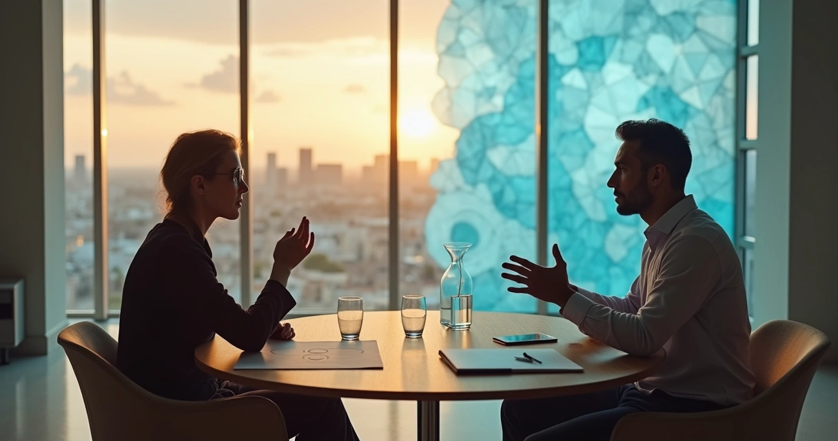 Dos líderes dialogando en una mesa redonda con sombras de tensión que se transforman en claridad y acuerdo 