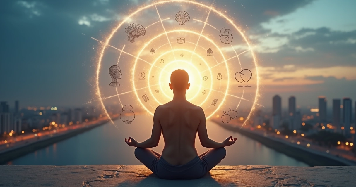 Pessoa meditando diante de espiral luminosa conectada a uma cidade ao fundo 