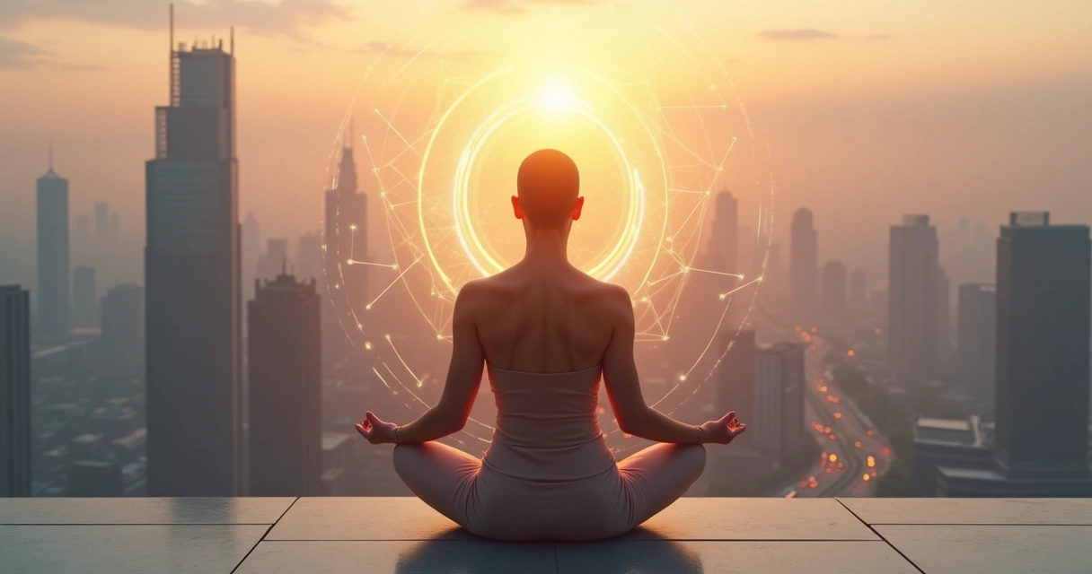 Persona meditando frente a una ciudad moderna al amanecer 
