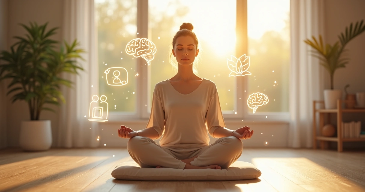 Persona meditando en sala luminosa con iconos sutiles de mente, corazón y propósito 