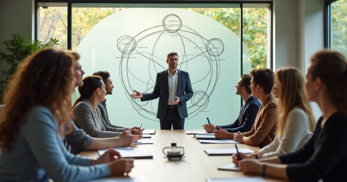 Reunião corporativa com líder guiando equipe em ambiente integrado e acolhedor 