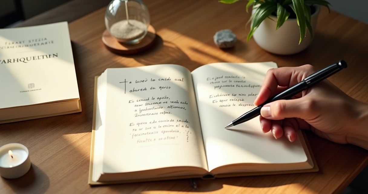 Pessoa escrevendo perguntas de reflexão em caderno sobre filosofia marquesiana 