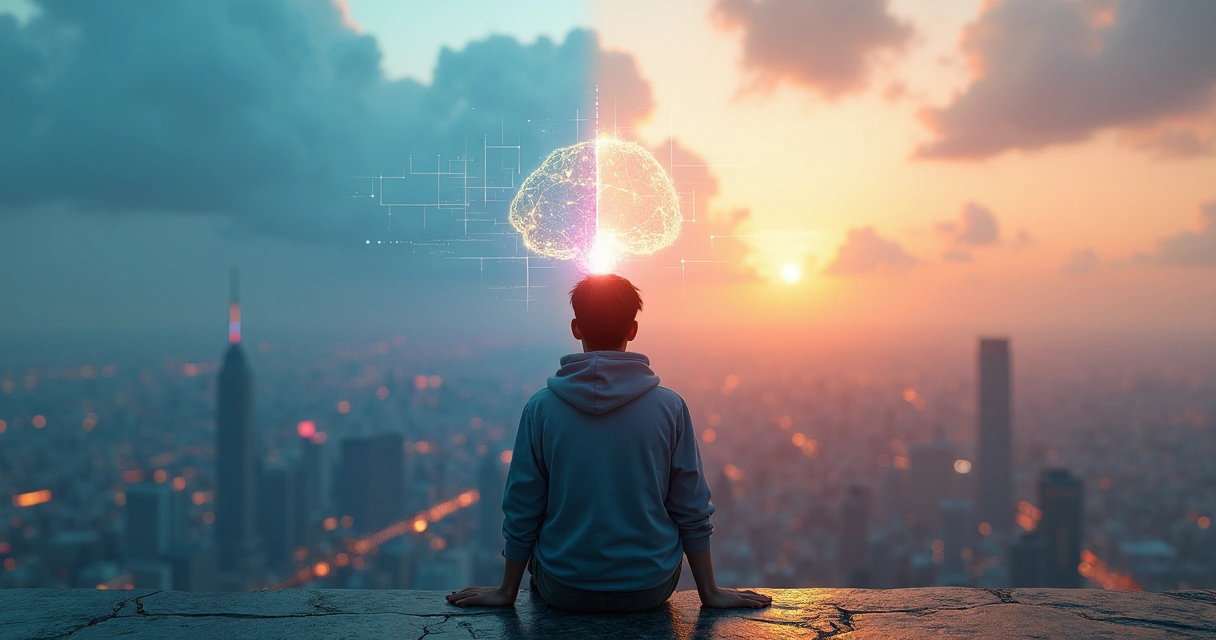 Pessoa refletindo diante de paisagem futurista dividida entre razão e emoção 
