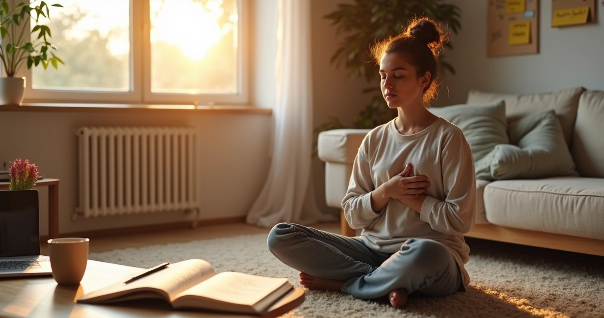 Persona meditando con cuaderno abierto sobre consciencia en la vida diaria 