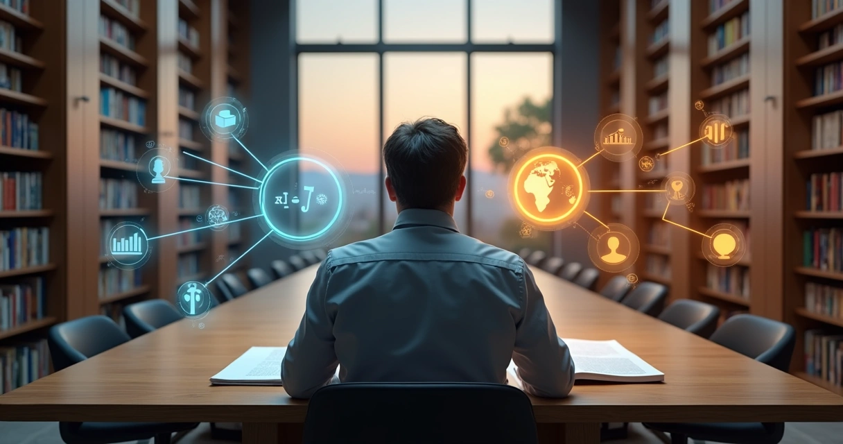 Filósofo em biblioteca moderna com dois caminhos conceituais se abrindo 