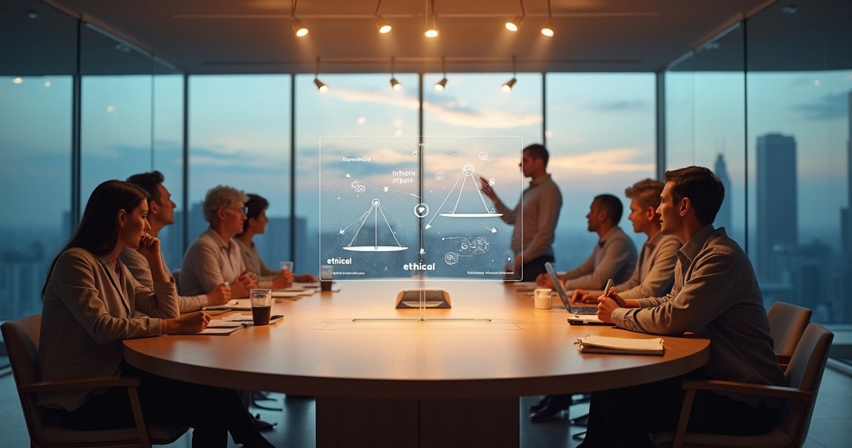 Mesa redonda com pensador escrevendo dilema ético em quadro digital 