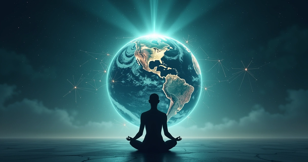 Silhueta de pessoa meditando diante de um globo luminoso interconectado 