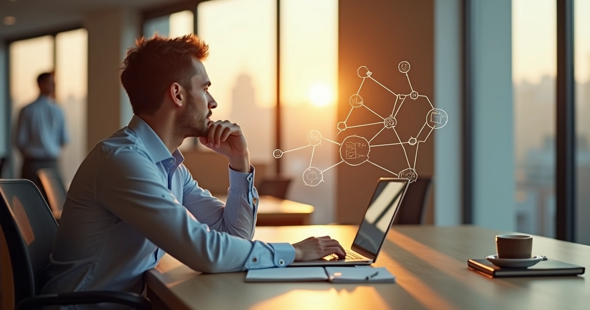 Profissional refletindo em escritório moderno com conexão entre mente e trabalho 