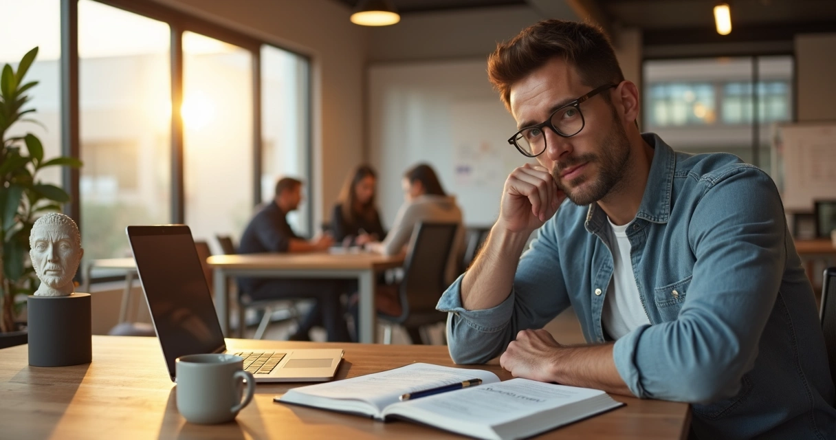Profissional em escritório moderno refletindo sobre filosofia e trabalho 