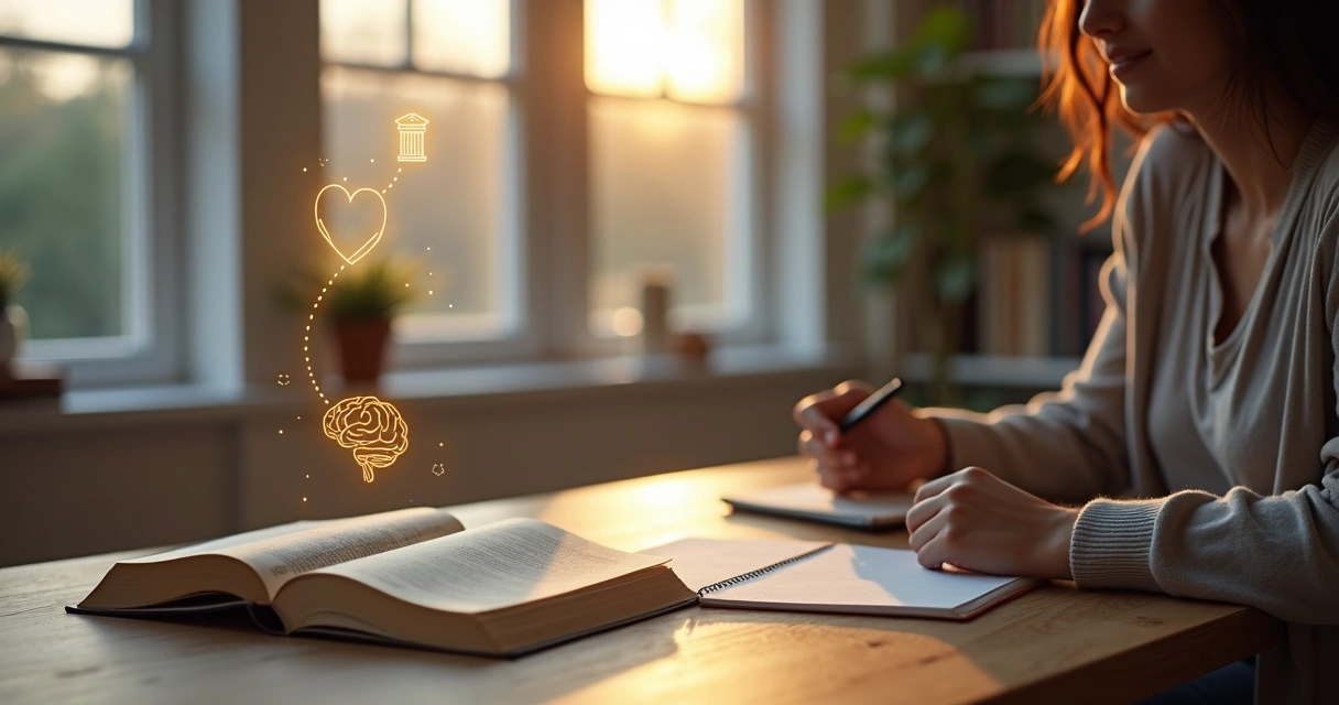 Pessoa refletindo com símbolos de mente, coração e filosofia integrados 