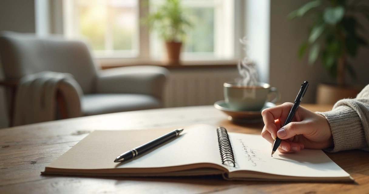 Pessoa escrevendo reflexões de filosofia prática em caderno ao lado de xícara de chá 