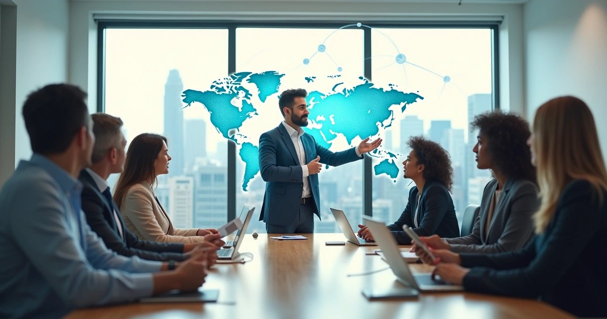 Líder e equipe em reunião estratégica com símbolos de conexão global ao fundo 
