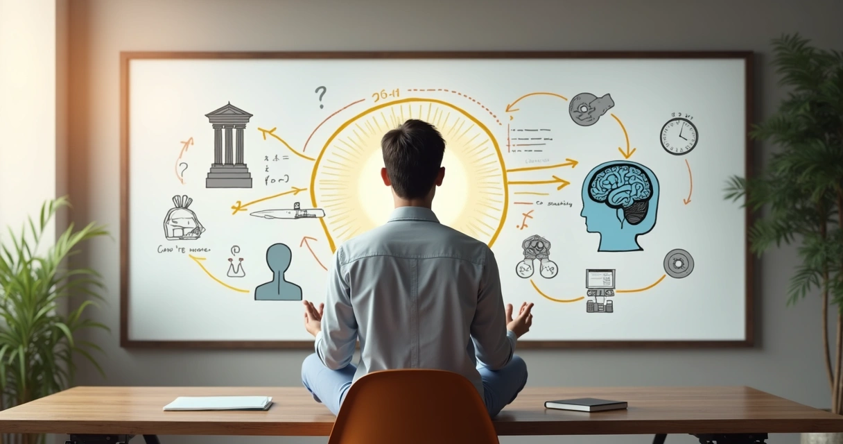 Persona meditando frente a una pizarra con símbolos de filosofía y psicología conectados 