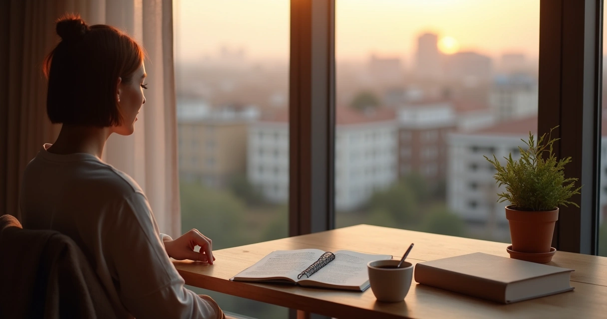 Persona reflexionando frente a una ventana al amanecer con cuaderno de notas sobre la mesa 