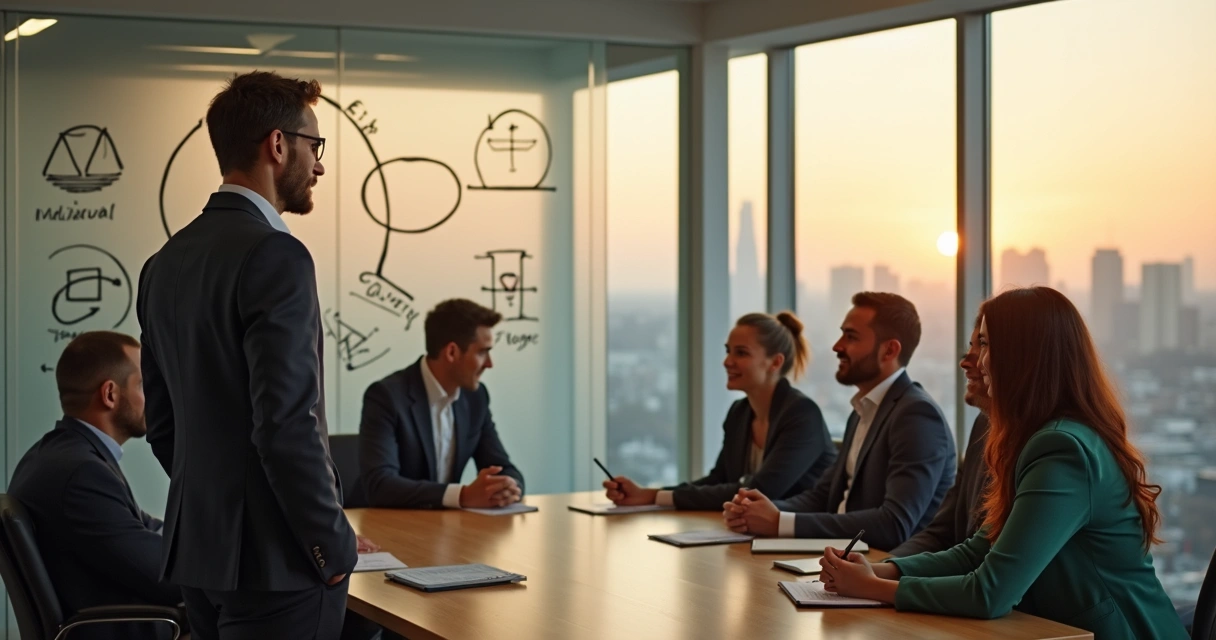 Líder refletindo diante de equipe em escritório moderno com luz suave 