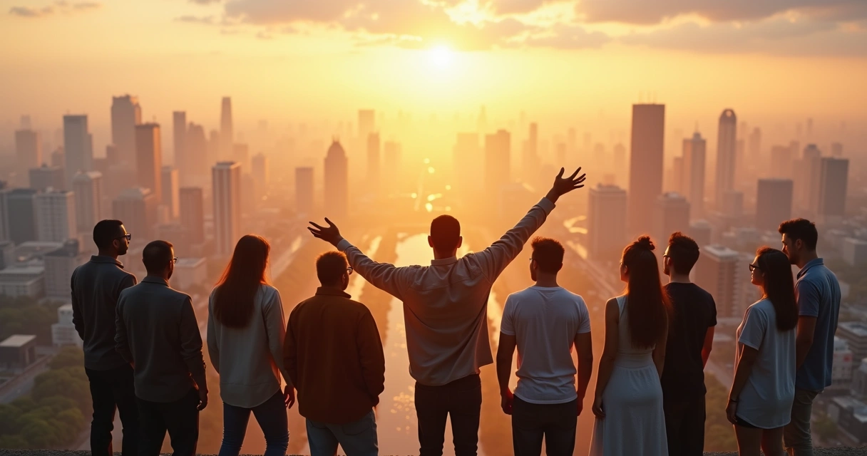 Grupo diverso em círculo olhando cidade ao amanhecer simbolizando transformação da sociedade pela consciência 
