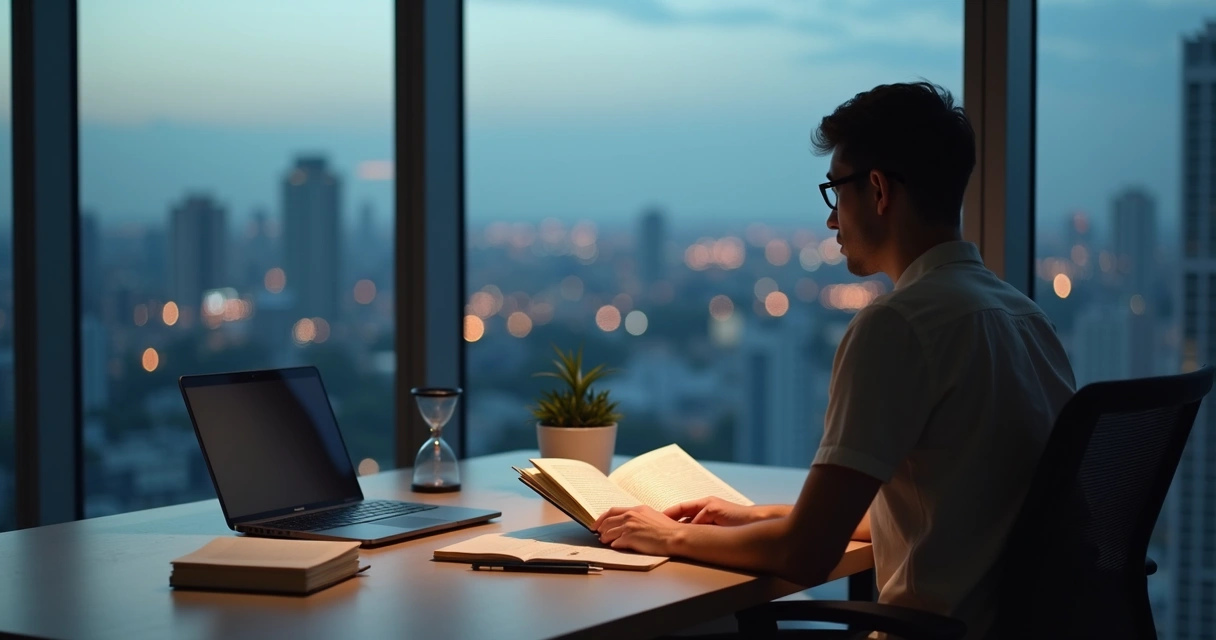 Profissional em escritório moderno refletindo diante de janela com cidade ao fundo 