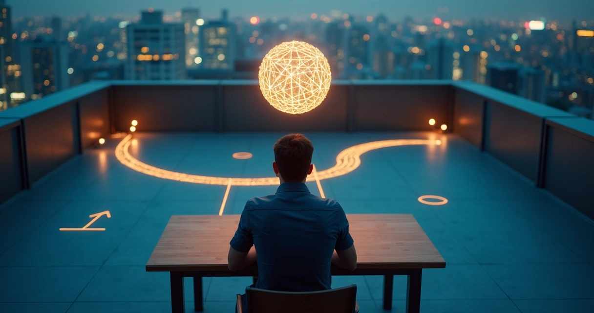 Persona reflexionando en un cruce de caminos éticos iluminado por símbolo de conciencia 