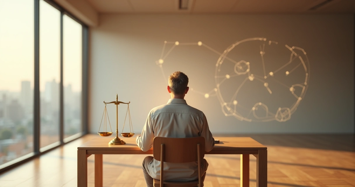 Filósofo meditando ante una balanza dorada iluminada por luz cálida 