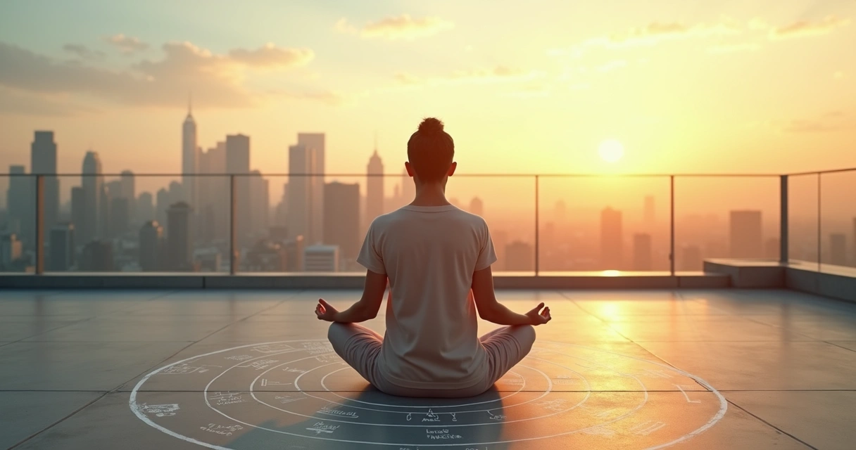 Pessoa meditando em posição de lótus em um terraço com cidade ao fundo ao nascer do sol 