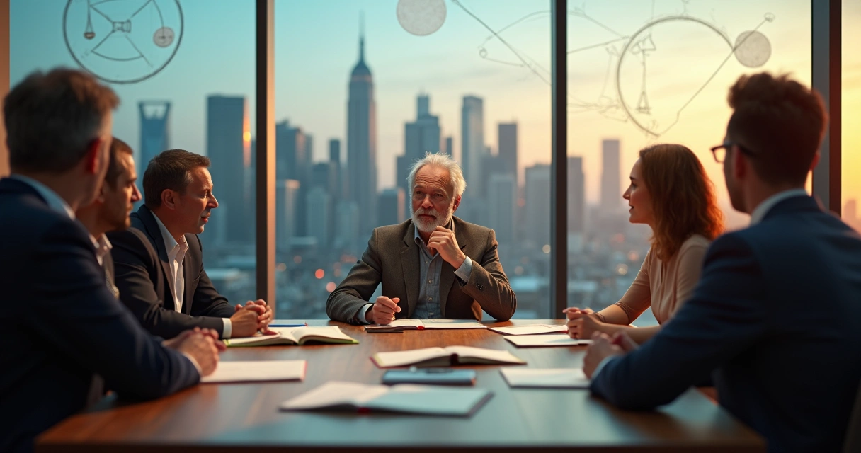 Filósofo em mesa redonda refletindo sobre ética na política contemporânea 
