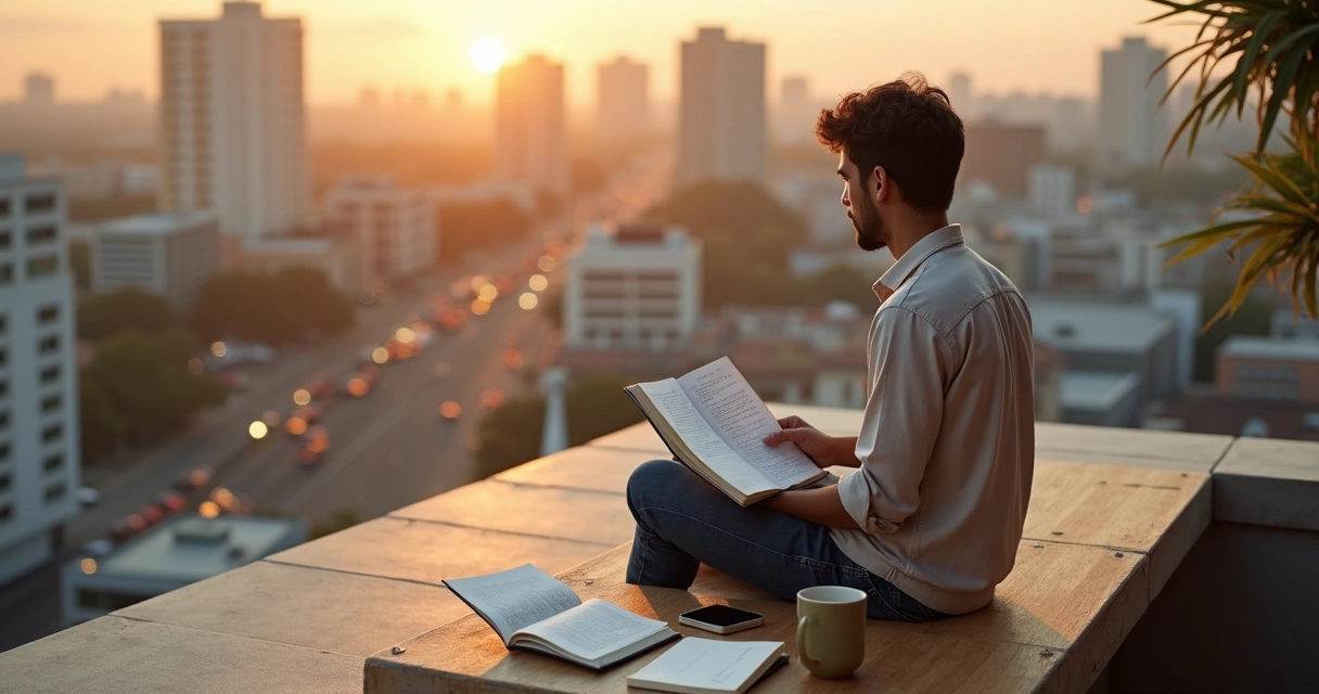 Pessoa refletindo com caderno em meio à cidade ao entardecer 