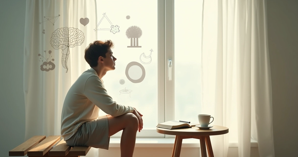 Pessoa em reflexão com símbolos filosóficos e cérebro iluminado ao fundo 