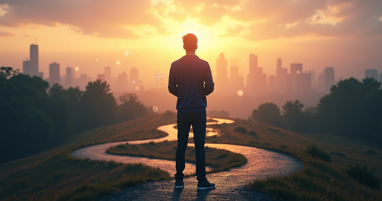 Persona reflexionando ante cruce de caminos éticos al atardecer 