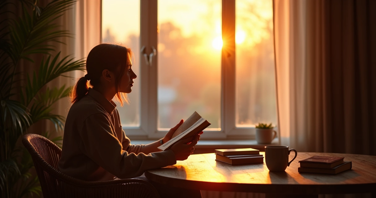 Persona contemplando a través de una ventana mientras sostiene un libro 