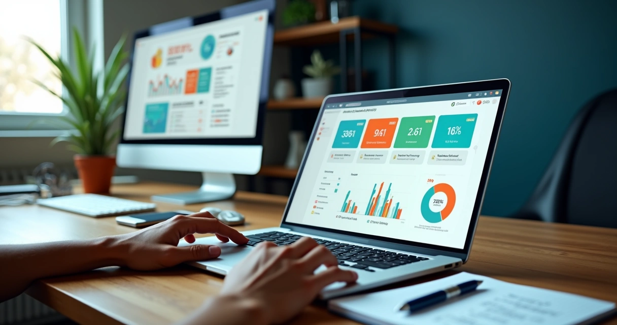 Afiliado analisando painel de métricas do Filtre Pack no notebook 