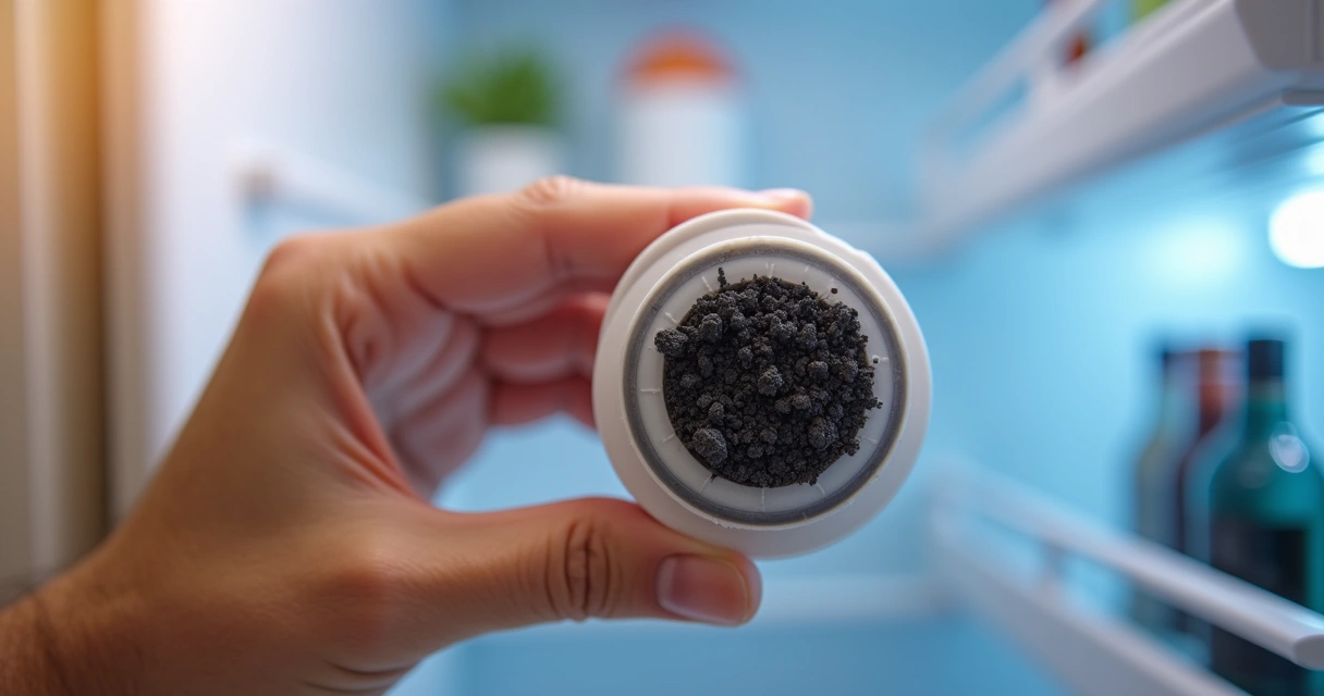 Filtro de água de geladeira aberto em uma mão 