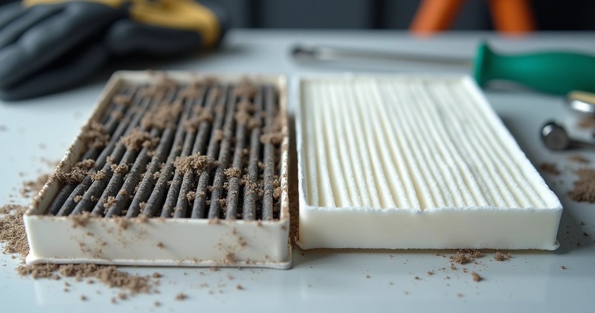 Filtro de ar-condicionado de carro sujo e outro limpo lado a lado. 