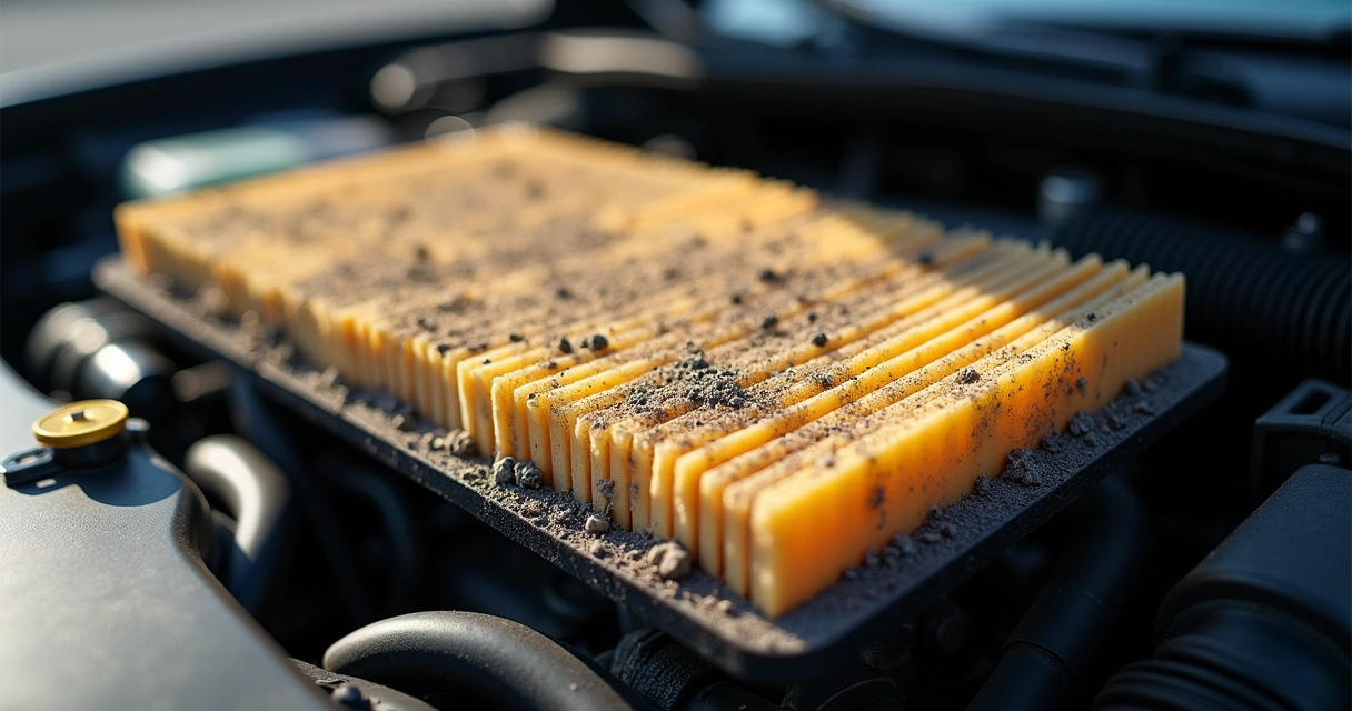 Filtro de ar de carro com sujeira visível 