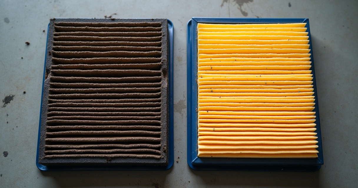 Filtro de ar automotivo muito sujo ao lado de novo 