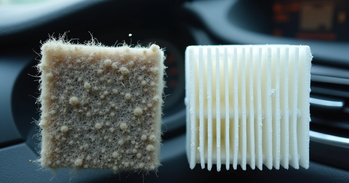 Filtro de cabine automotivo coberto de poeira e sujeira 