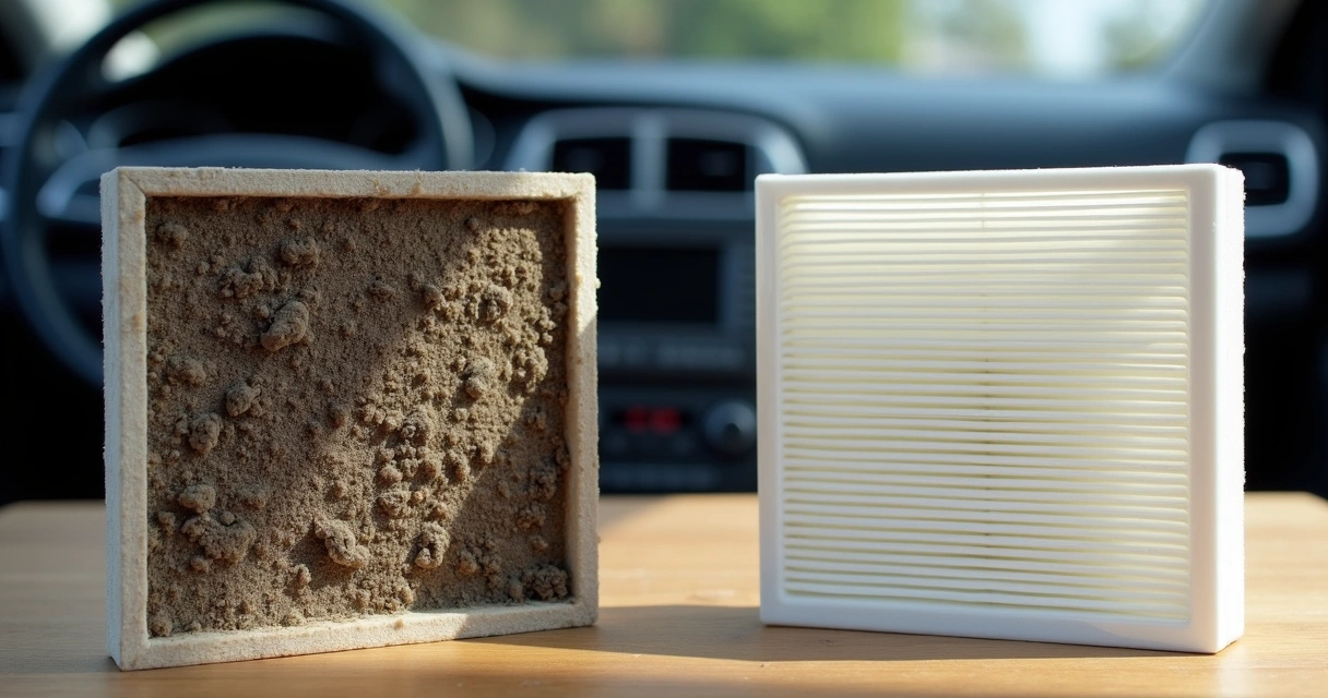 Comparação entre filtro de cabine sujo e novo