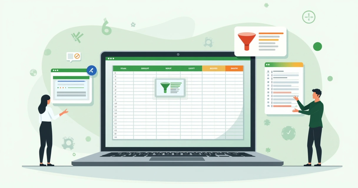Ilustração de painel do Excel destacando funções filtro e classificar em um ambiente corporativo 