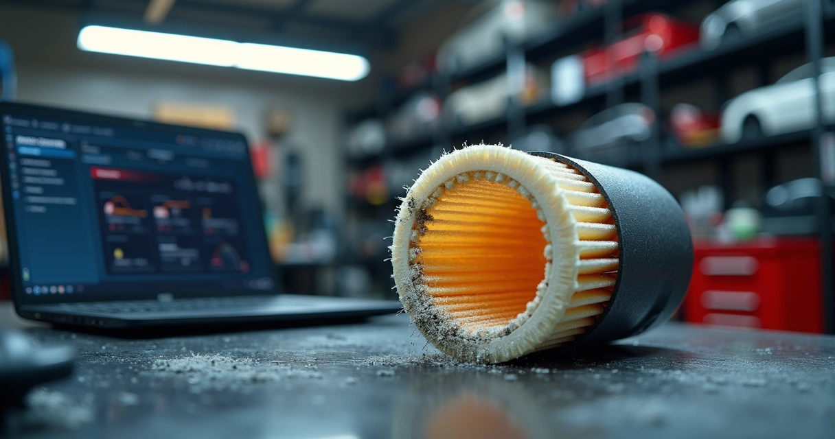 Filtro de ar automotivo aberto com elementos visíveis em oficina mecânica 