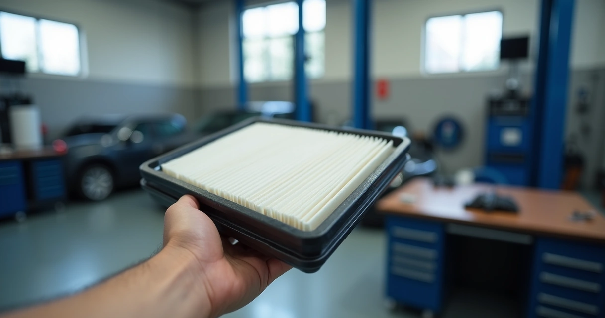 Filtro de ar automotivo limpo e novo sendo segurado por mão em oficina bem iluminada 